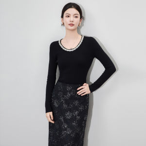 เสื้อถักคอปกเพชรผสมขนสัตว์หรูหราสำหรับผู้หญิง ฤดูใบไม้ร่วง/ฤดูหนาว เสื้อชั้นในทรงสลิมฟิต คอกลม คุณภาพเยี่ยม แฟชั่น