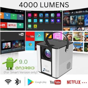 Smart Projector Android 9.0 RAM 1 GB ROM 8 GB 4000 Lumens STJ-888A Nobar Piala Dunia Streaming Presentasi Multimedia Player HD 1280 x 720 HiFi Speaker 1080P HDMI USB AV