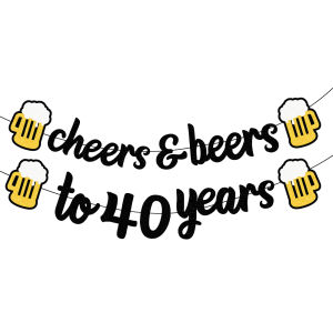 Black Gold Glitter Cheers Beers to 40 Years Banner 40th Birthday Beer Mug for Party Supplies Birthday Decor