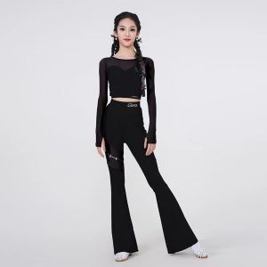 High-End Latin Dance Practice Suit for Girls Black Lace Mesh Professional Performance Training Clothes for Children Spring Autumn