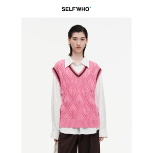 Wool Blend Colorblock Diamond Lace V-Neck Sweater