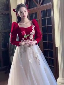 DINNER DRESS New Chinese Court Style Dress Wine Red Velvet Lace Splicing Banquet Evening Dress Temperament Luxury 中式宫廷风长款优雅宴会气质连衣裙新款红丝绒蕾丝拼接晚礼服