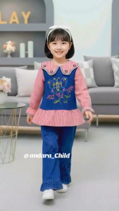 Setelan Anak Jeans Bordir Bunga Faula Mix Katun Salur Import anak Perempuan Usia 3 - 10 Tahun Model Jeans Mix Katun salur Rompi Bordir Bunga Koreans Style Celana Jeans Usia 3 - 10 Tahun Set Bordir Bunga Model Korean Style terbaru Lebaran 2026