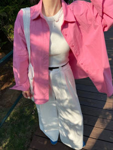 Elegant Pink Long Sleeve Womens Shirt Spring Autumn New Style Casual Loose Fit Polo Collar Pure Color Fashionable Top