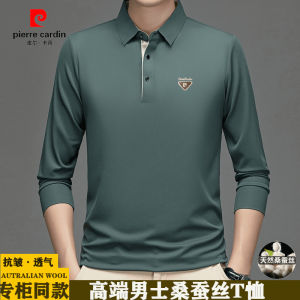 Pierre Cardin Luxury Mens Long Sleeve Silk T-Shirt Midlife Business Collar Seamless True Silk POLO Shirt Casual Loose Fit