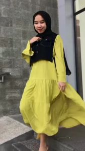 Rasya midi dress tunik korea style bahan katun rayon mix jeans Gamis wanita terbaru