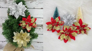 10Pcs Glitter Artificial Flowers With Clips Merry Christmas Ornaments Xmas Tree Decorations for Home