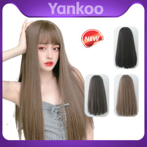 วิกผมผมตรงยาวสีดำดูสมจริงเป็นธรรมชาติสำหรับผู้หญิงดีไซน์หมวกทรงเรียบและด้านบน