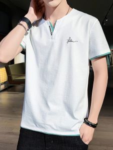 ROMON | Loose Fit Ice Silk Printed T-Shirt Short Sleeve V-Neck Cool Feeling Summer Thin Romon Mens Fashion Casual Top In White