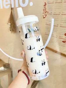 Large Capacity Glass Water Cup with Straw Outdoor Couples Milk Tea Cup Fruit Tea Cup High Temperature Resistant Panda Design