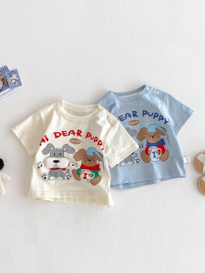 Lightweight Short Sleeve T-Shirt for Babies And Toddlers Summer Outfit Base Layer Cartoon Dog Print Breathable Cotton Blend