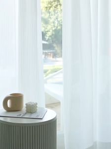 OUMENT 1pc Sheer Curtains with Rings for Room Aesthetic: White Curtains for Window Living Room Bedroom Vertical Louver Texture Comfortable Soft Fabric