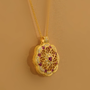 Chow Sang Sang 周生生 999 24K Gold Cultural Blessings Buddhist Mandala Diamond Necklace with Ruby for Women 47cm 95823N
