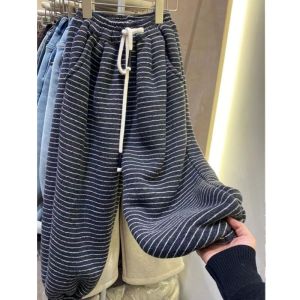 Extra Large 300 Pounds Ultra Thick Striped Cuffed Pants Mens Autumn Winter New Style Fleece Lined Thick Warm Casual Pants