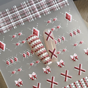 1Pcs 5D Embossed Red White Plaid Bow Nail Stickers Diamond Checkered Self-Adhesive Nails Sliders for Daily Sweet Manicure Slider