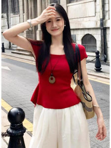 YUEZHONGWEI | French Style Backless Hollow Red Square Collar Ice Silk Knitted Top Women Summer Slim Fit Back Strap Short Sleeve T-Shirt