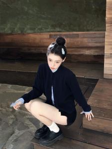 Korean Style Early Autumn Short Crop Knitwear Padded Collar Long Sleeve Fake Double-breast Color-block Lounging Cardigan Sweater