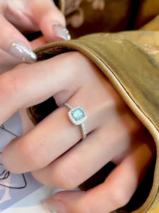 Natural Blue Water Jade Sugar Cube Ring for Women Luxury Sensation Geometric Pattern Silver Jewelry Gift for Best Friend