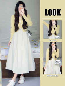 Korean Style Womens Early Autumn Knitted Cardigan Dress Two-Piece Set plus Size High Waist Skirt Long Sleeve V-Neck A-Line Dress