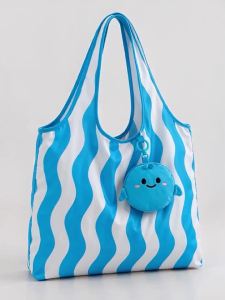Cute Wavy‑Stripe Foldable Shopping Tote Bag with Mini Coin Purse Charm 2‑Pcs Set Lightweight Large‑capacity Shoulder Handbag Reusable Eco‑Friendly Daily Commuter Bag