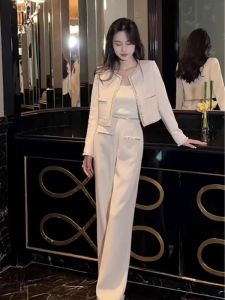 Autumn Fashion Set Small Fragrance Style Womens Wide Leg Pants White Jacket Two Piece Suit Elegant Casual Look by Qianfan Ni