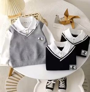 Kids Fashion Korean Style Long Sleeves Tops High Quality Fake Two Piece Design Collar Shirt for Kids Boys 1-12 Years Old