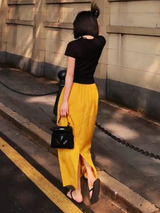 Yellow Asymmetrical Hem Midi Skirt Womens Summer New High Waist Covering Hip Thin One Step Long Skirt Versatile Skirt
