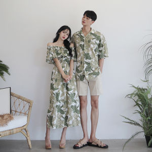 Disoo Couple Matching Beach Floral Print Dress And Shirt Set High Waist A-Line Skirt Short Sleeve Long Dress for Spring Season