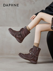 Daphne Brown Martin Boots Womens Thick Bottom Fashion Boots Casual Short Tube Artificial Leather round Toe mid Heel Rubber Sole