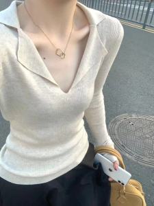 Slim Fit Long Sleeve V-Neck Knitwear Womens Thin Sweater Base Layer Shirt Korean Style Commute Pure Color Regular Fit