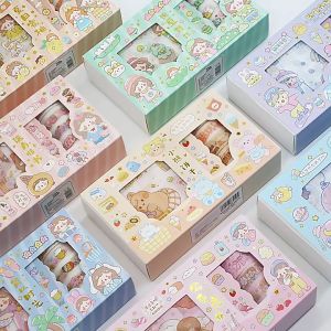 Hộp sticker cute washi tape dán sổ tay decor set 06 cuộn băng dính + 09 hình dán sticker DIY