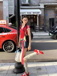 American Style V-Neck Short Sleeve T-Shirt Women Summer Slim Fit Design Red Sporty Top Shoulder Width Regular Sleeve Length