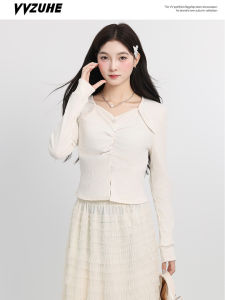 Áo Thun Dệt Kim Dài Tay Cổ Vuông Xếp Ly Phong Cách Hàn Quốc Cho Nữ Áo Lót Màu Nâu Nhạt Dáng Ôm Dáng Thon