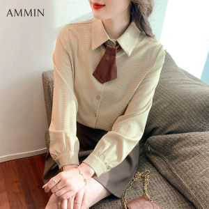 เสื้อเชิ๊ตผูกโบว์แขนยาวมีกระดุมแถวเดียวสำหรับผู้หญิงท็อปส์ซูสไตล์เกาหลี2023ในฤดูใบไม้ร่วง