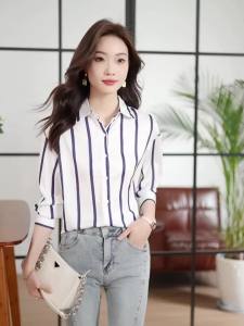 AMMIN Korean Style Satin Blue Striped Commuter Chiffon Shirt Womens Spring 2025 Autumn Single-Breasted Design Long Sleeve Elegant Blouse