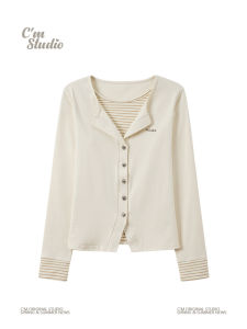 Joyful Beast Korean Style Striped Splicing Fake Two-Piece Heart Button Long Sleeve Womens Slimming Top Commute Cotton Blend