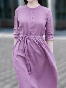 Original Ethnic Style Womens Cotton Linen Dress Fashionable  Travel Art Long Skirt Commute Pure Color Stand Collar Dress