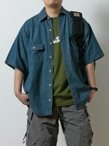 American Retro Denim Workwear Short Sleeve Shirt Men Summer New Loose Versatile Shape Double Pocket Casual Shirt