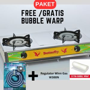 PAKET Kompor Gas 2 Tungku Tipe Api Seribu Butterfly + Regulator dan Selang Winn Gas W388N (besar)