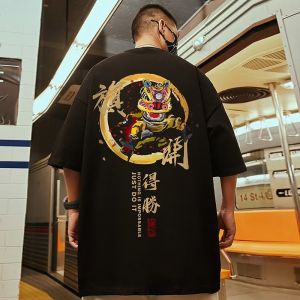 Fashionable New Chinese Style Mens Half Sleeve T-Shirt Large Size Loose Fit Animal Printed Crewneck Summer Casual Wear