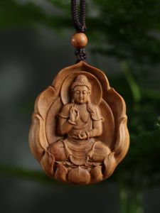 Sandalwood Wood Carving Avalokitesvara Tag Zodiac Natal Buddha Wooden Necklace Manshu Bodhisattva Puxian Car Pendant