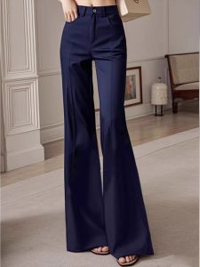 Deep Blue Womens Suit Pants High Waist Flared Wide Leg Straight Cut Long Trousers Commute Style Korean Fashion Casual Pants
