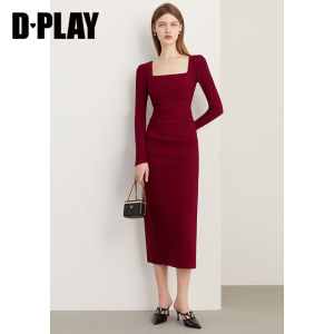 Elegant Long Sleeve Long Dress Dplay Autumn Fashion French Style Orange Square Collar Side Split Womens Dress Elegant Long Dress