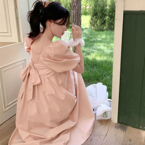 Pink Sweet Backless Butterfly Knot Dandelion Skirt Womens Summer New Small Size French Bubble Sleeve Dress Commute Style