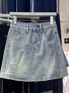 Váy Ngắn Denim Thêu Hoa Cạp Cao Cho Nữ Mùa Hè 2024 Váy Chữ a Ôm Sát Nửa Thân Váy Ngắn Cotton Pha Trộn Đa Năng