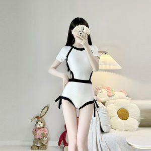 Womens One-Piece Swimsuit Black White Splice Beach Thermal Spring Butterfly Knot Slimming Young Girl Korean Style Swimming Suit