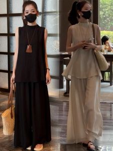 Summer Fashion plus Size Womens Sleeveless Vest Top And Wide Leg Pants Set Breathable Comfortable Loose Fit round Neck Casual Wear