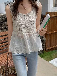 ย้อนยุค ชิค แขนกุด ผ้าชีฟอง เสื้อท่อนบน ผู้หญิง แจ๊กเก็ต ฤดูร้อน New Hollow Out Splicing Hem เอว เสื้อตัวเล็กด้านใน