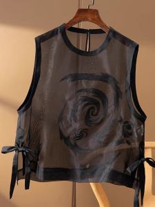 Elegant round Neck Embroidered Chinese Style Womens Vest Fashion Design Summer New Arrival Light Weight Commute Appropriate Single Piece Pure Color