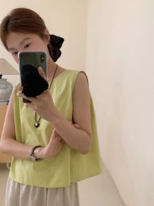 Summer 2025 High-End Back-Tied Sleeveless Shirt Womens Mustard Green Small Size Top Casual Loose Fit round Neck Short Length